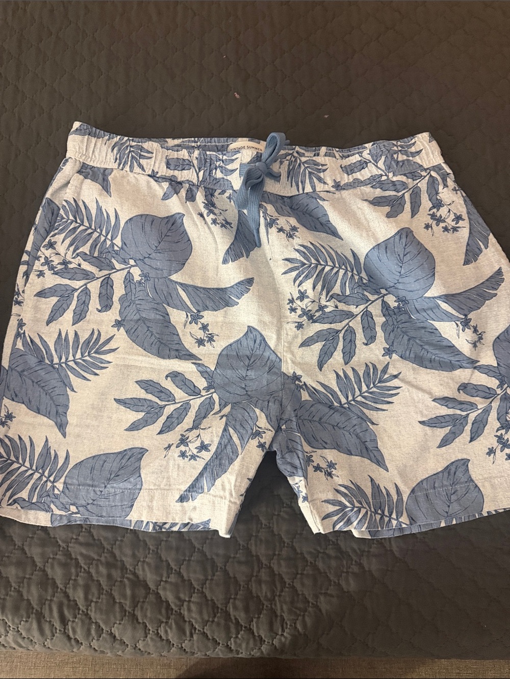Vintage Blue Leaf-Print Swim Trunks